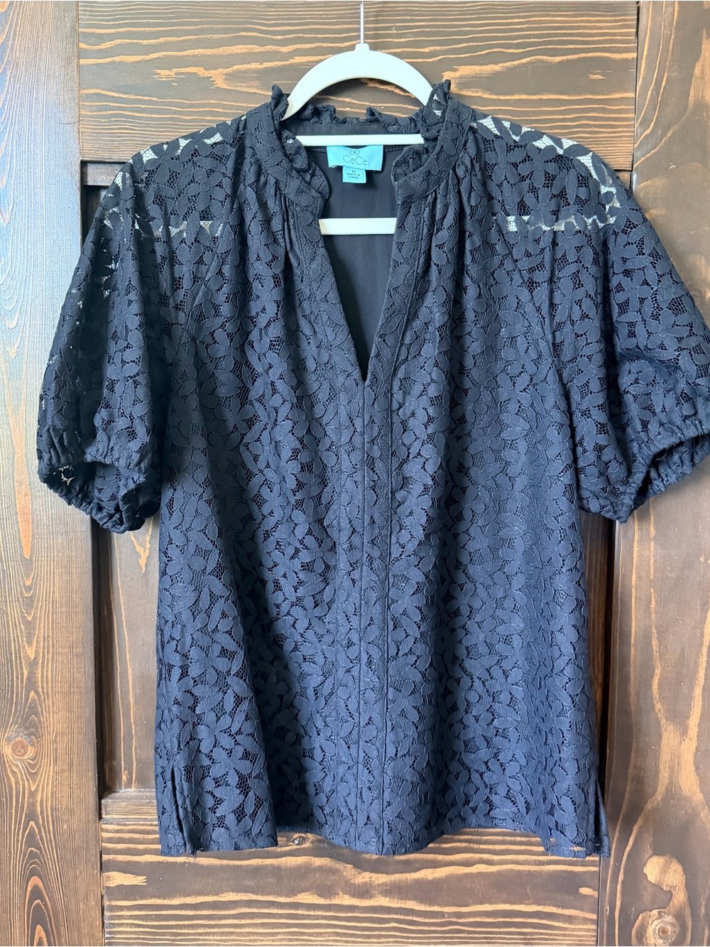 CeCe Black Floral Lace Short-Sleeve Blouse